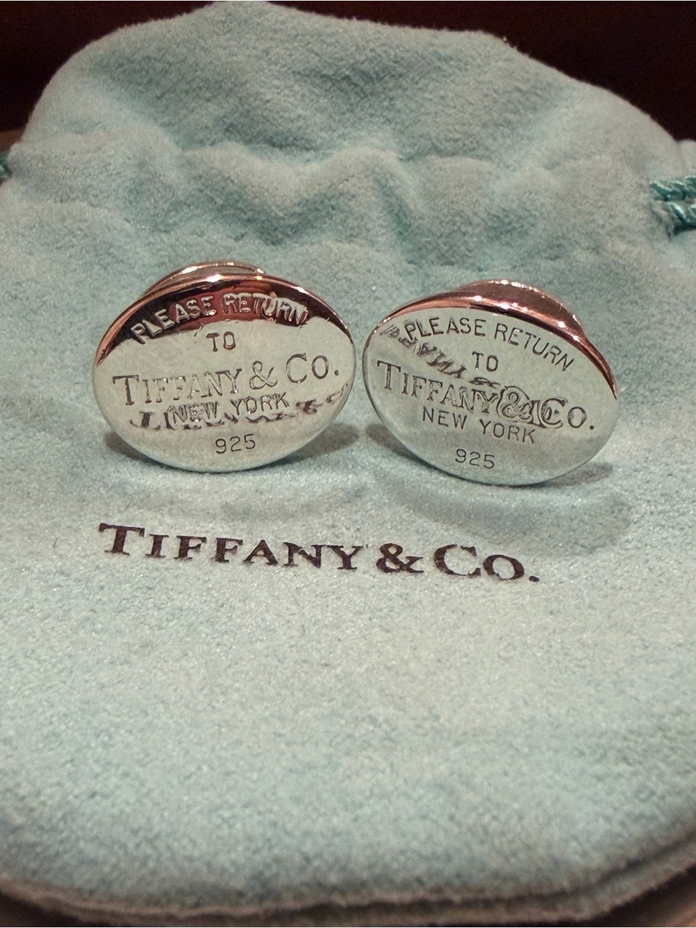 Tiffany & Co. Silver Oval 'Please Return to Tiffany & Co.' Cufflinks